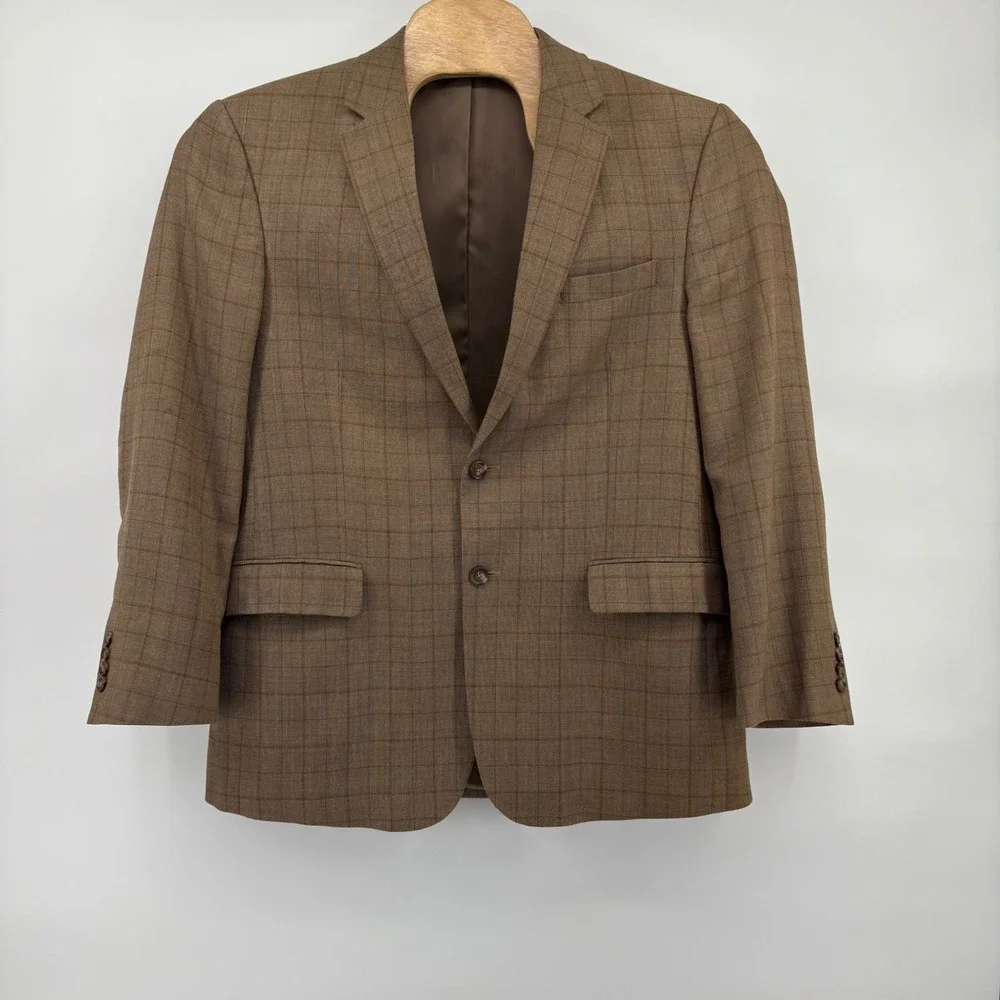 Jos A Bank 43R Traveler's Collection Brown Tailored Fit‎ Windowpane Plaid Blazer